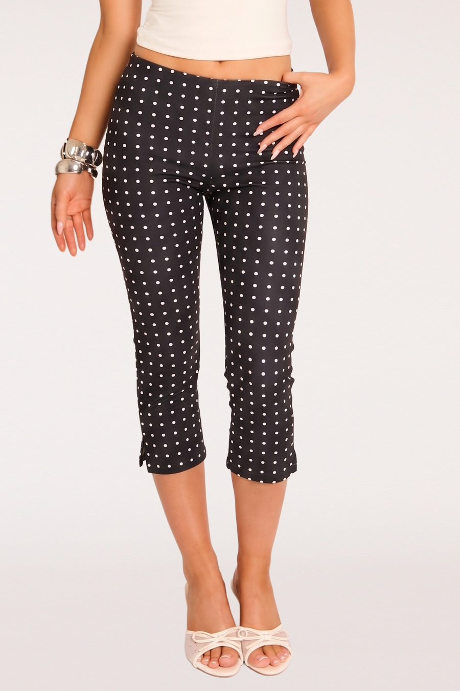 Black Polka Dot Bengaline Split Hem Capri Pants - Claudia