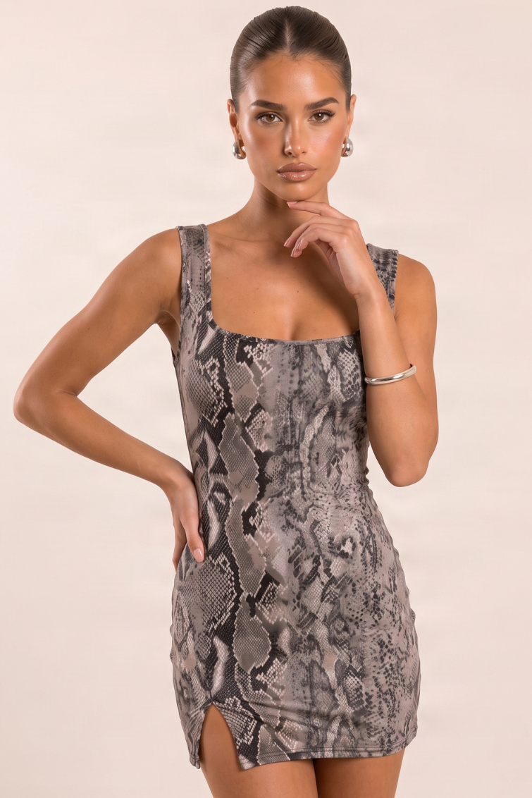 Grey Snake Print Square Neck Mini Dress - Rosy