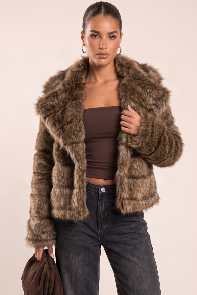Brown Chunky Collar Faux Fur Coat - Calvin