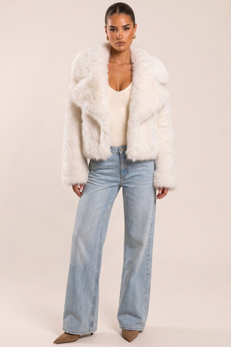 Cream Chunky Collar Faux Fur Coat - Carlyn