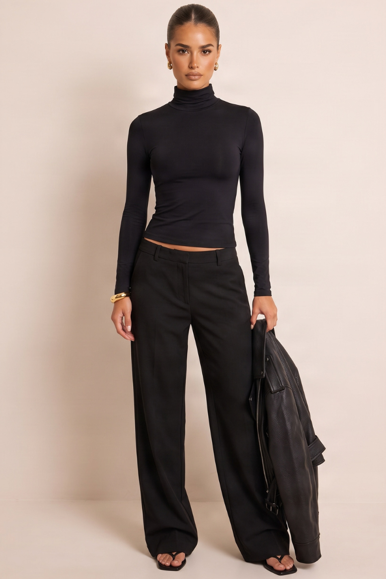 Black Slinky High Neck Long Sleeve Top - Valerie
