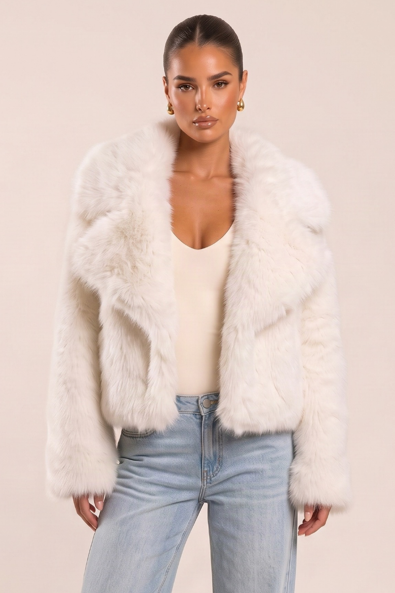 Cream Chunky Collar Faux Fur Coat - Carlyn