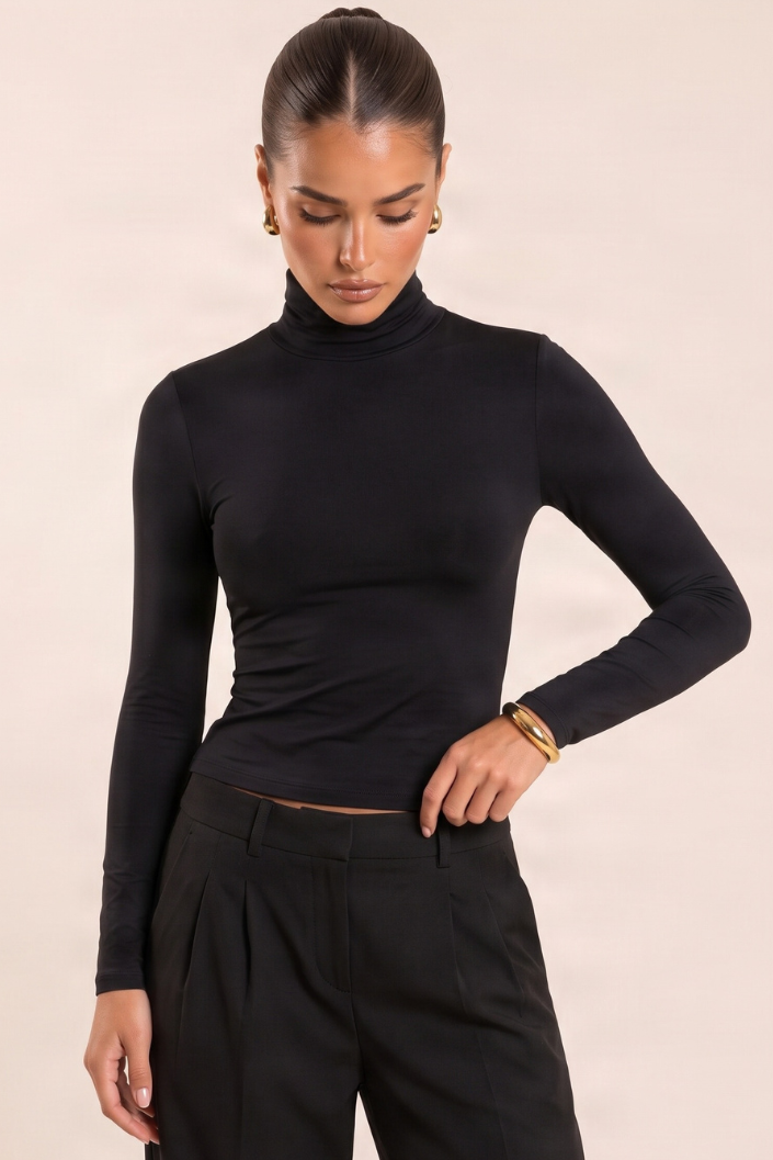 Black Slinky High Neck Long Sleeve Top - Valerie