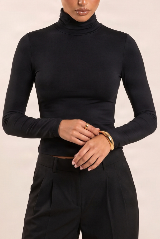 Black Slinky High Neck Long Sleeve Top - Valerie