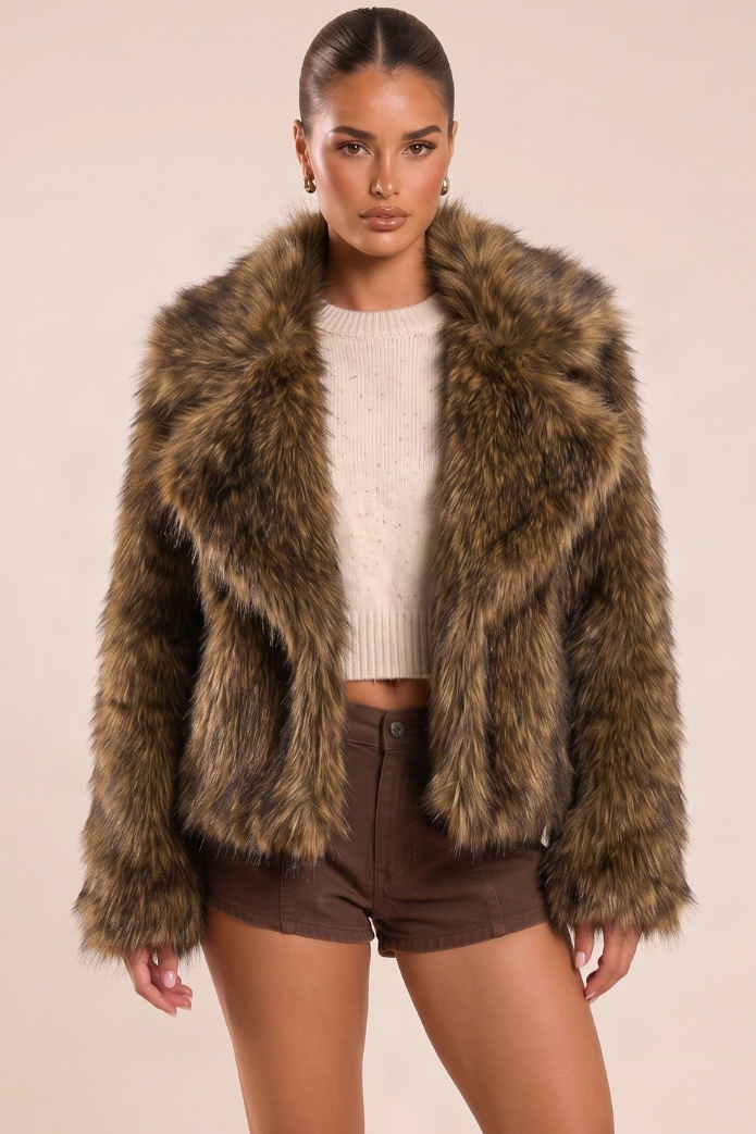 Brown Chunky Collar Faux Fur Coat - Kiera