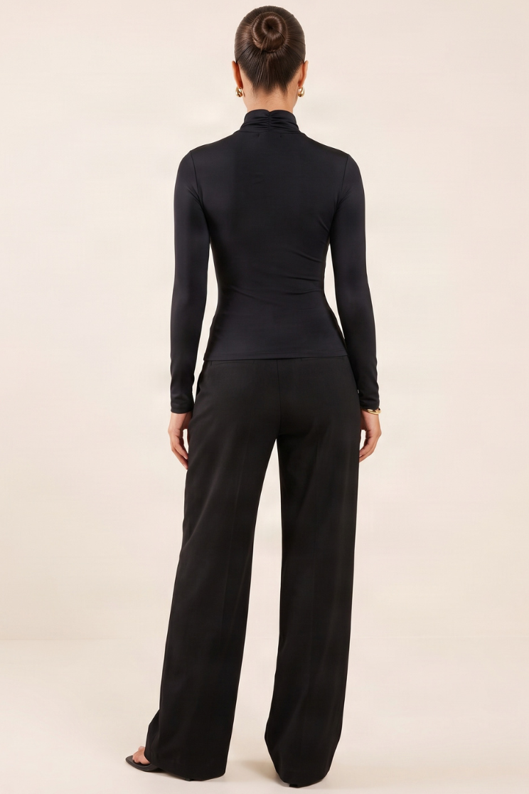 Black Slinky High Neck Long Sleeve Top - Valerie