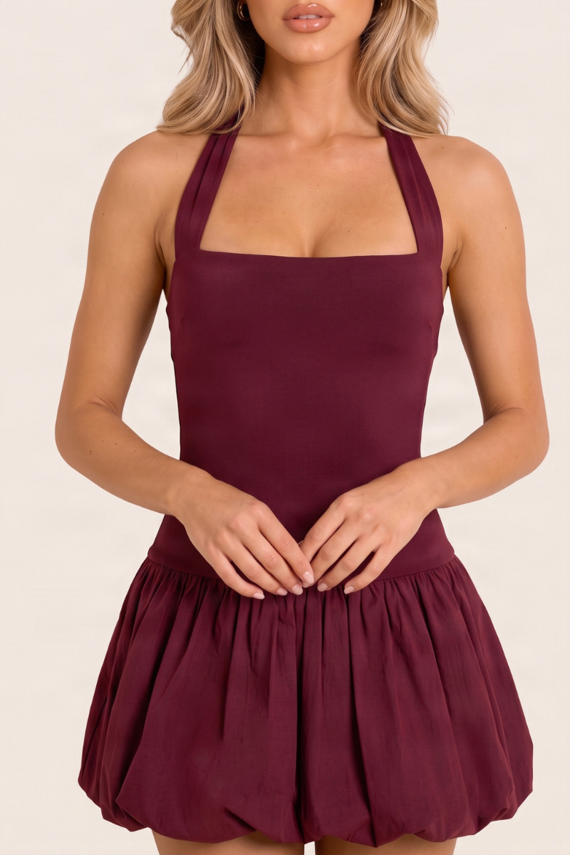 Wine Halterneck Puffball Mini Dress - Ellin