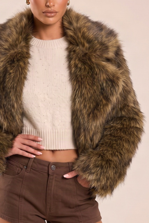 Brown Chunky Collar Faux Fur Coat - Kiera