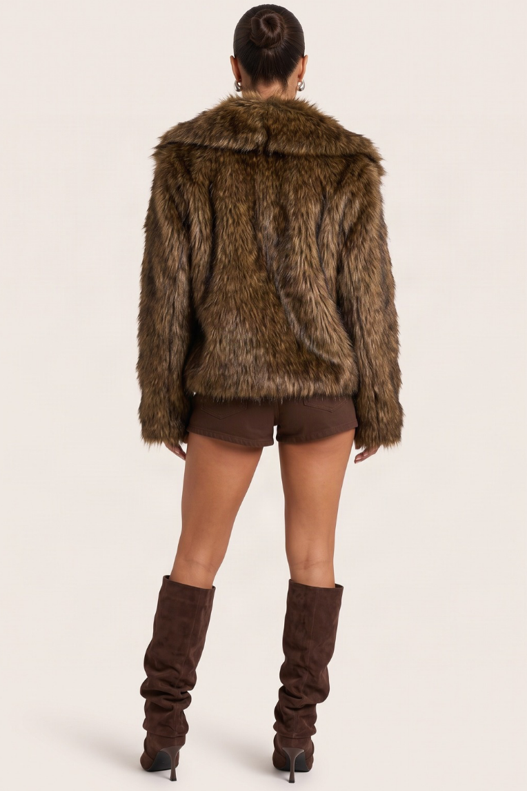 Brown Chunky Collar Faux Fur Coat - Kiera