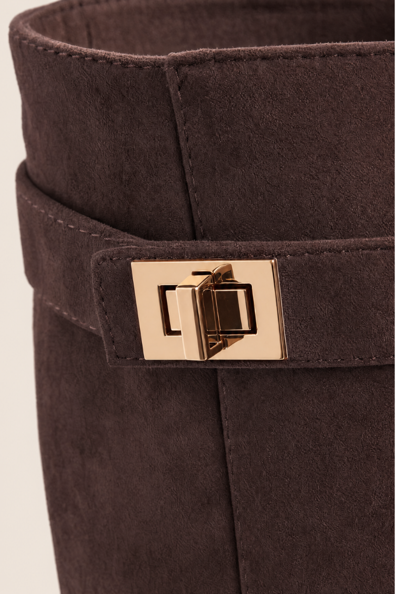 Chocolate Faux Suede Trim Detail Layered Knee High Boots - Rita