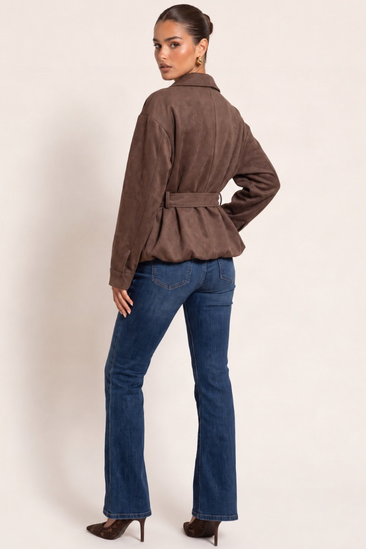 Chocolate Faux Suede Belted Jacket - Louise