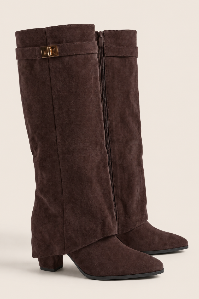 Chocolate Faux Suede Trim Detail Layered Knee High Boots - Rita