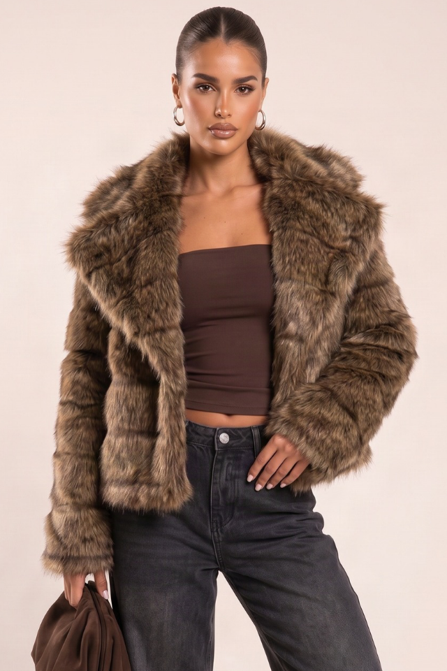 Brown Chunky Collar Faux Fur Coat - Calvin