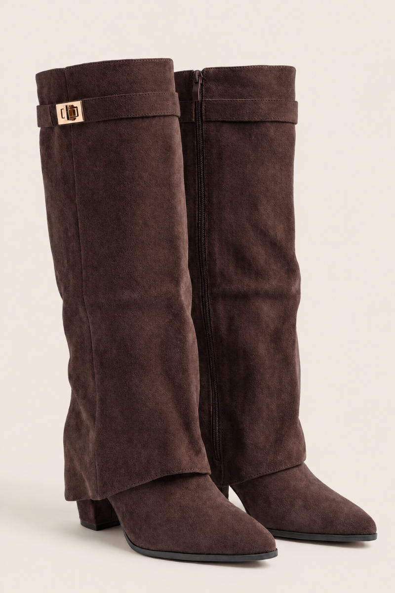 Chocolate Faux Suede Trim Detail Layered Knee High Boots - Rita