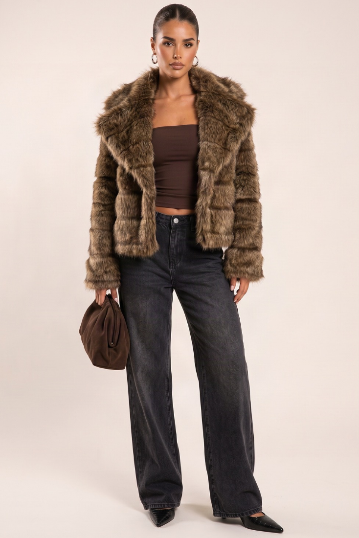 Brown Chunky Collar Faux Fur Coat - Calvin