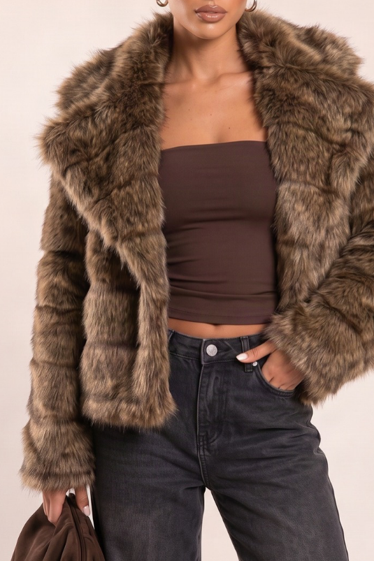 Brown Chunky Collar Faux Fur Coat - Calvin