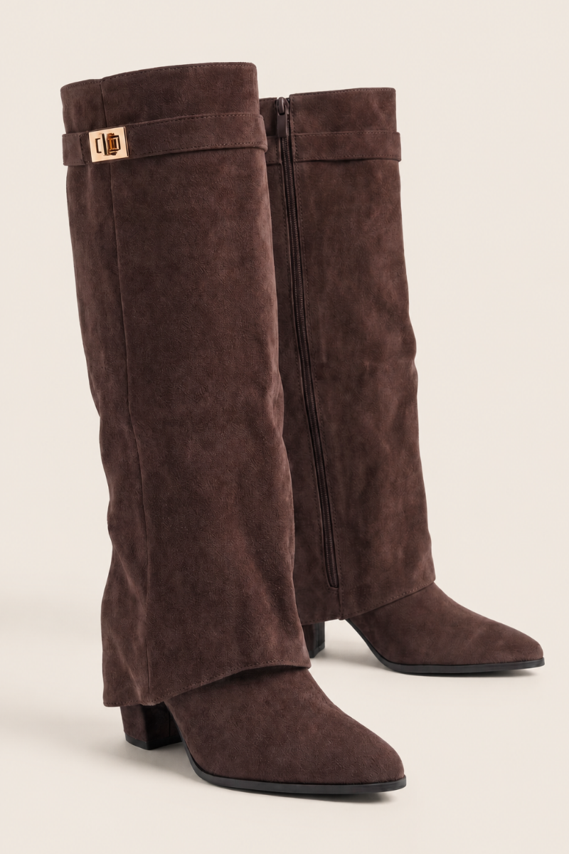 Chocolate Faux Suede Trim Detail Layered Knee High Boots - Rita