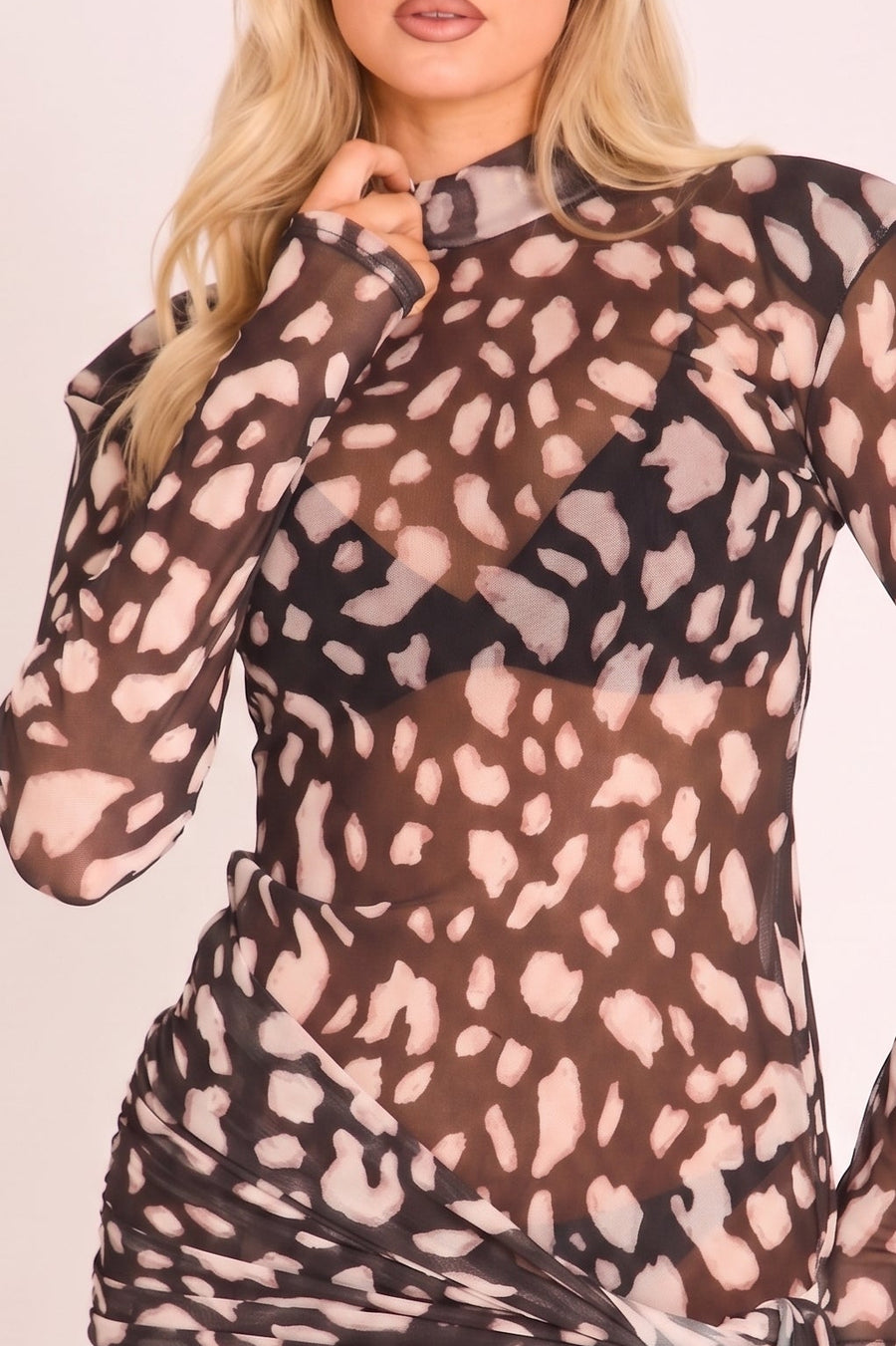 Black Leopard Print Mesh Shoulder Pad Mini Dress - Orla