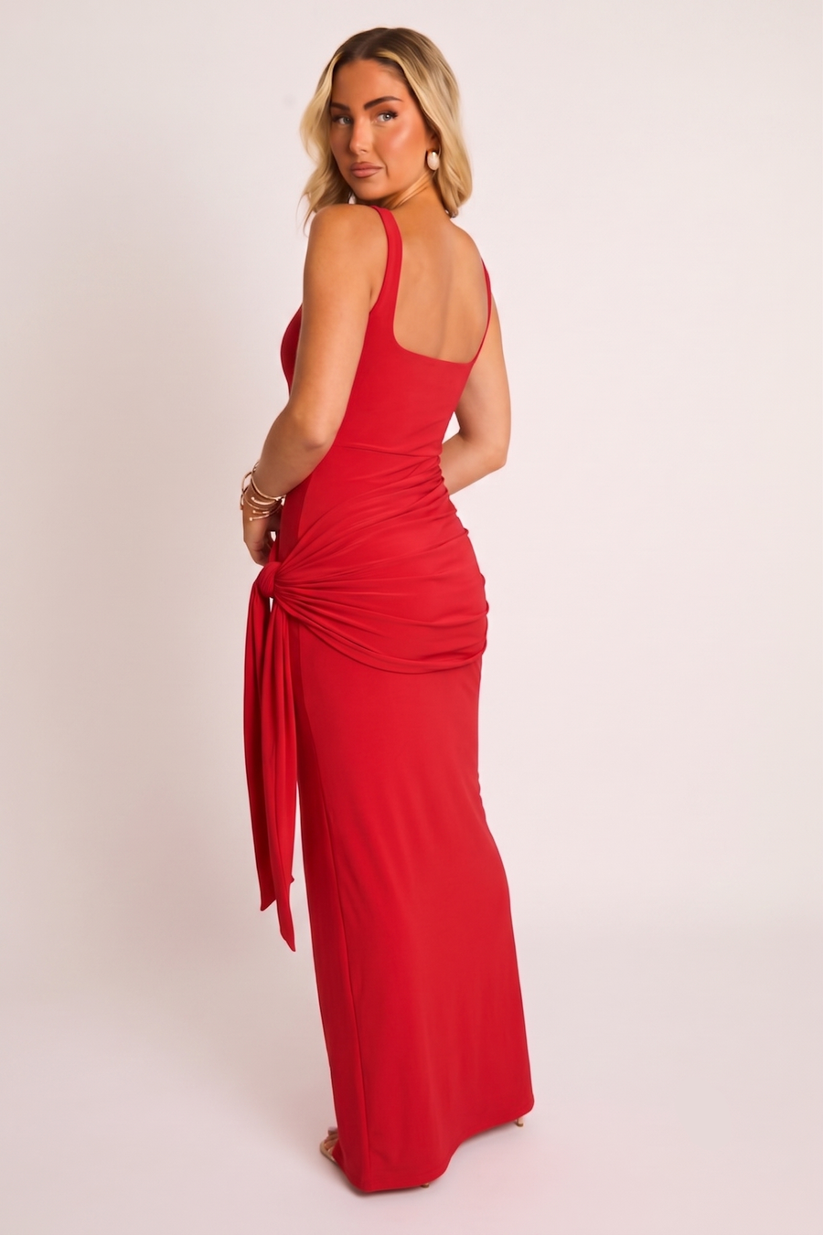 Red Square Neck Tie Front Maxi Dress - Lima