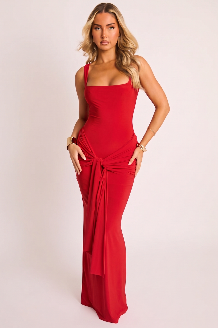 Red Square Neck Tie Front Maxi Dress - Lima