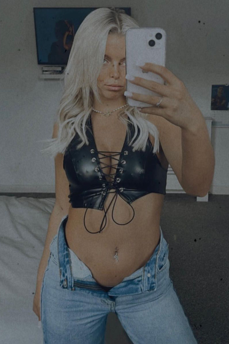 Black Faux Leather Lace Up Front Cropped Top - Mika