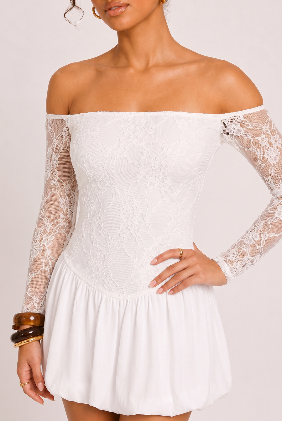 White Lace Long Sleeve Bardot Puffball Mini Dress - Catrina
