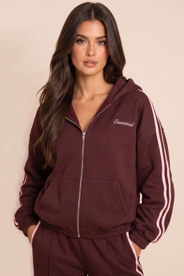 Burgundy Contrast Side Stripe Essential Graphic Detail Oversized Zip Up Hoodie - Anahi