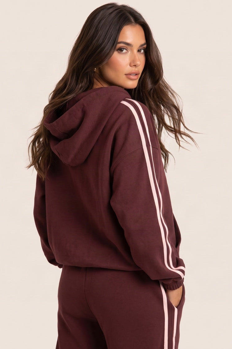 Burgundy Contrast Side Stripe Essential Graphic Detail Oversized Zip Up Hoodie - Anahi