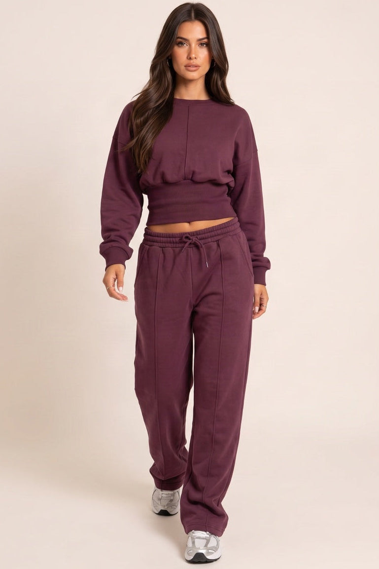 Plum Mid Rise Wide Leg Joggers - Dena