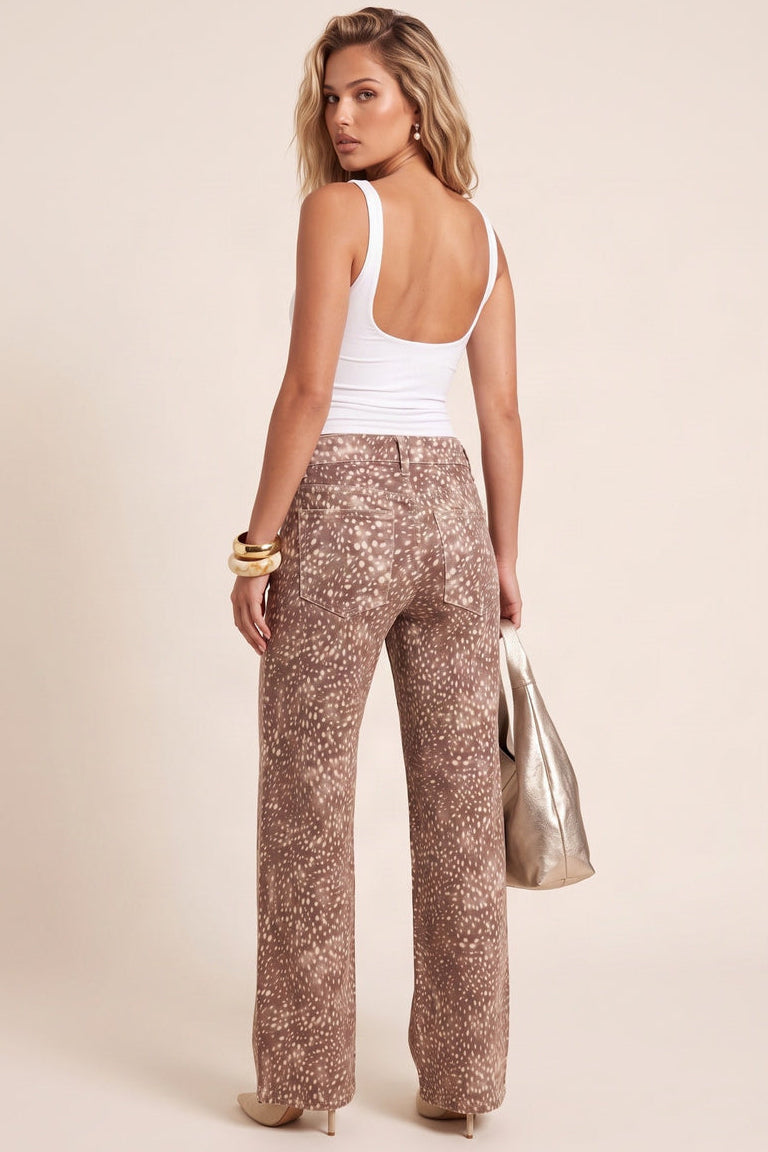 Brown Deer Print Wide Leg Denim Jeans - Lauren