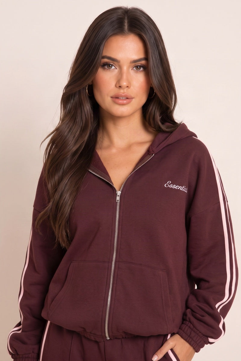 Burgundy Contrast Side Stripe Essential Graphic Detail Oversized Zip Up Hoodie - Anahi