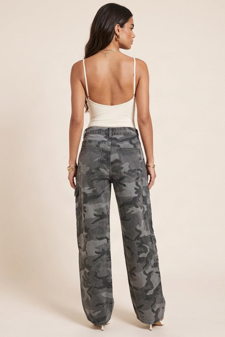 Grey Camo Print Wide Leg Cargo Jeans - Amara