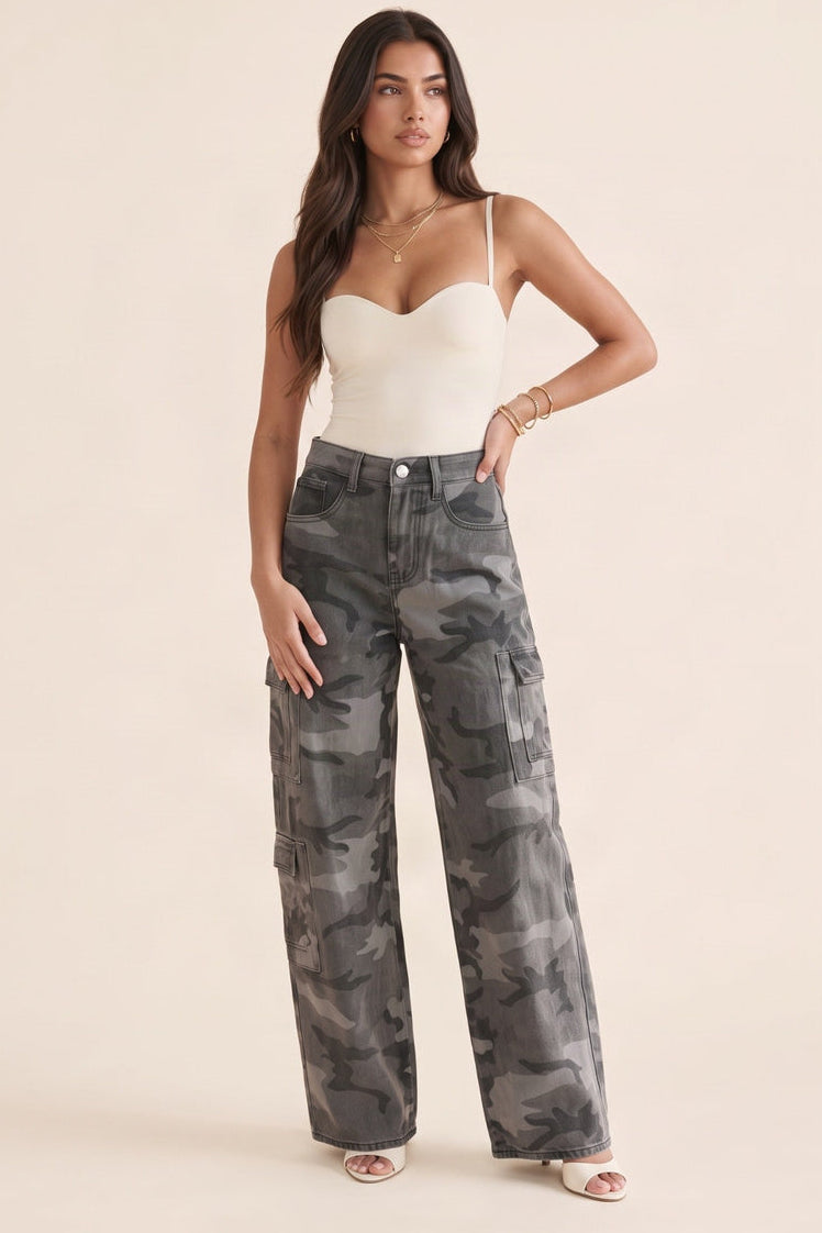 Grey Camo Print Wide Leg Cargo Jeans - Amara