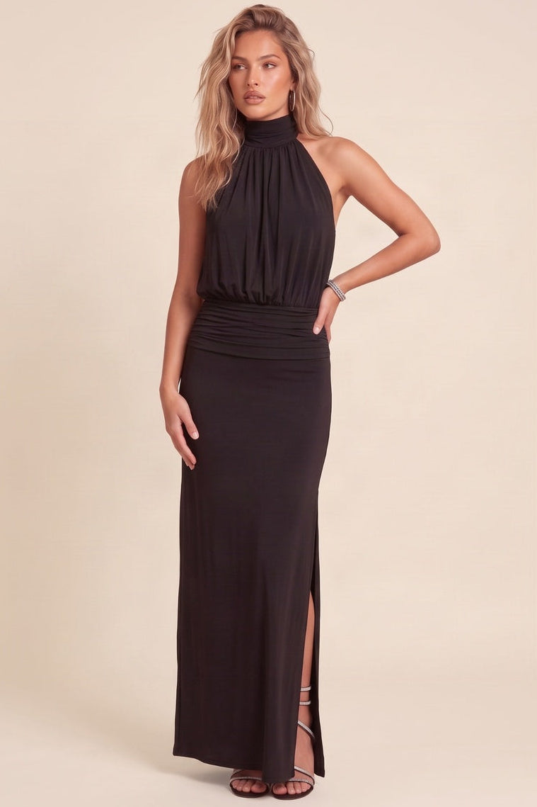 Black Blouson Halterneck Split Maxi Dress - Tarlia