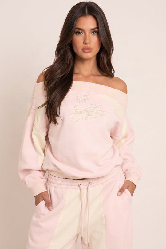 Pink Oversized Bardot Contrast Stripe Sweatshirt - Katarina