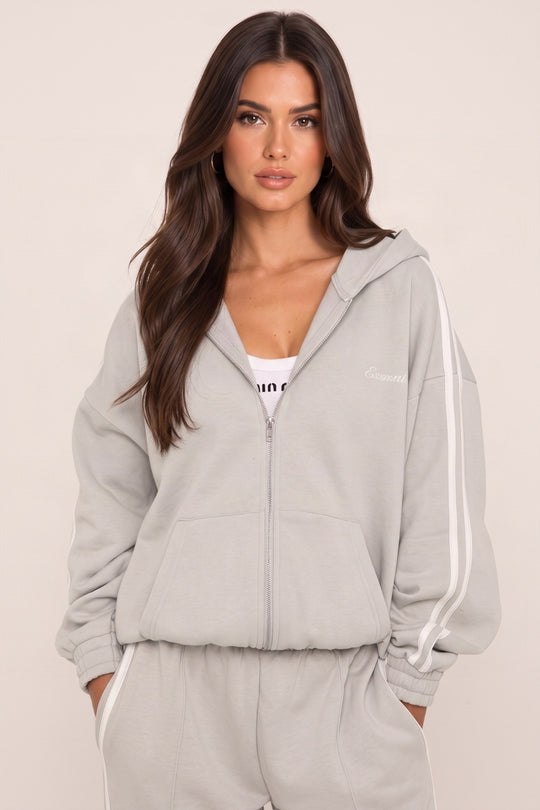 Grey Contrast Side Stripe Essential Graphic Detail Oversized Zip Up Hoodie - Anahi
