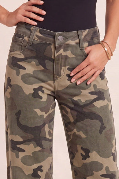 Khaki Camo Print Mid Waist Straight Leg Jeans - Shantae