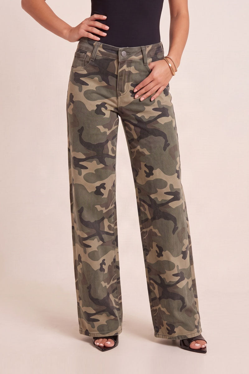 Khaki Camo Print Mid Waist Straight Leg Jeans - Shantae