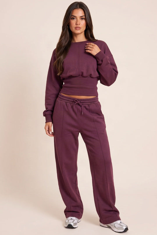 Plum Mid Rise Wide Leg Joggers - Dena