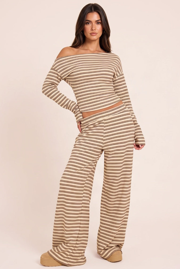 Cream Fleece Striped Mid Rise Wide Leg Trousers - Kaleigh