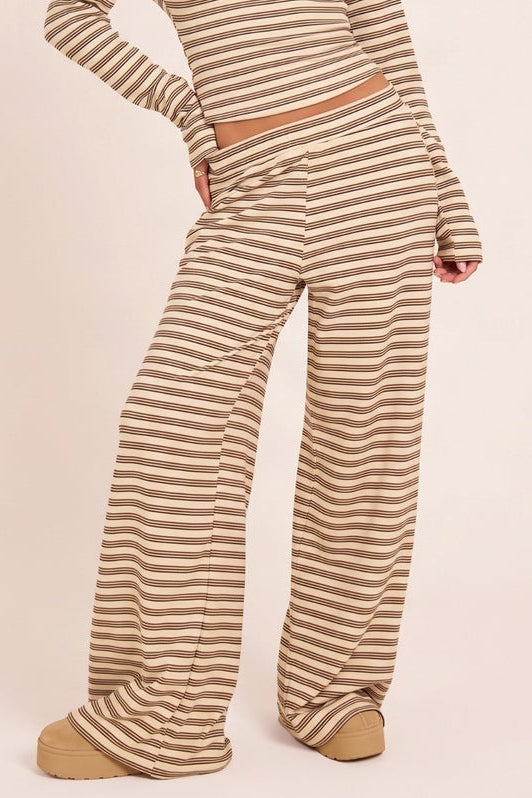 Cream Fleece Striped Mid Rise Wide Leg Trousers - Kaleigh