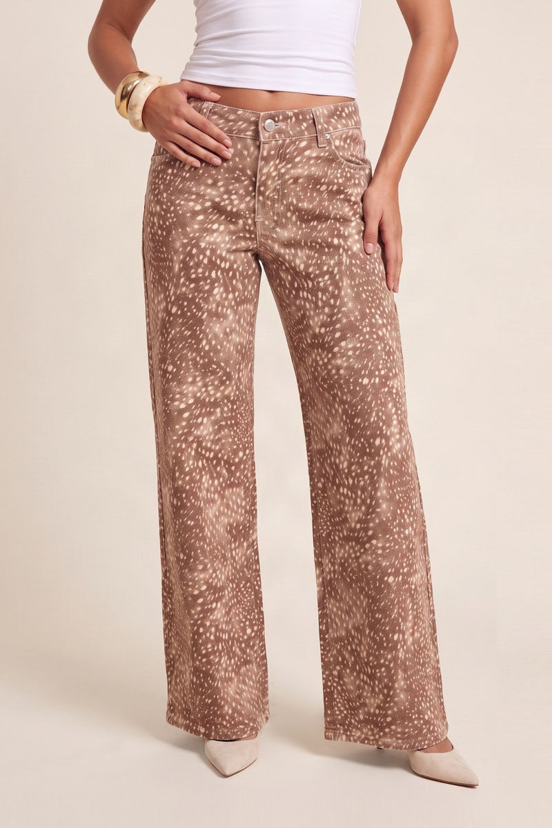 Brown Deer Print Wide Leg Denim Jeans - Lauren