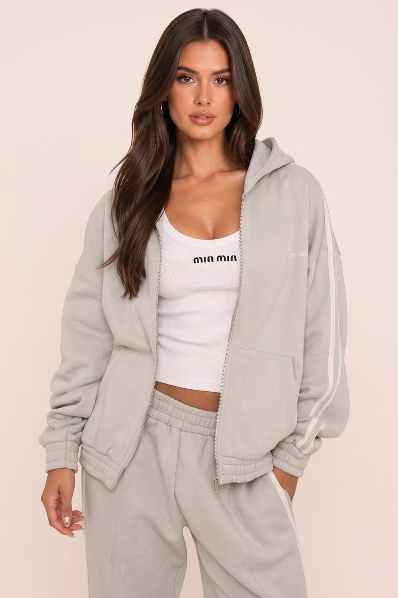 Grey Contrast Side Stripe Essential Graphic Detail Oversized Zip Up Hoodie - Anahi
