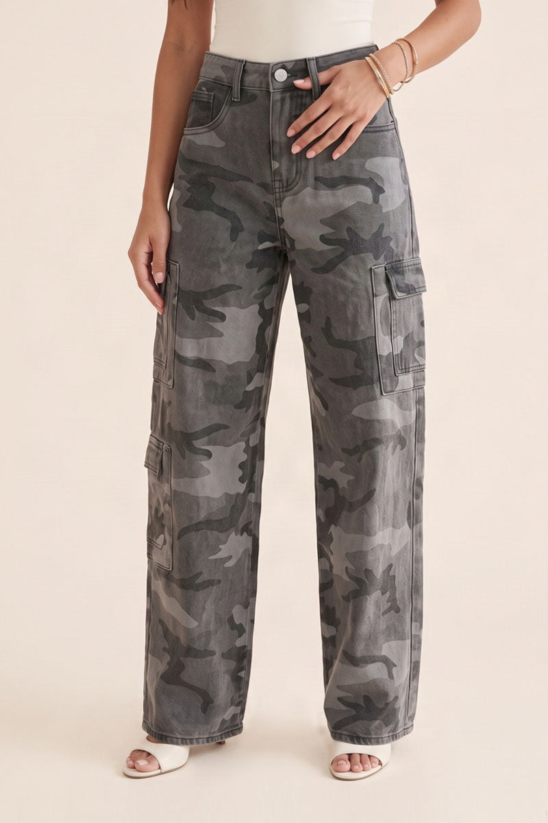 Grey Camo Print Wide Leg Cargo Jeans - Amara
