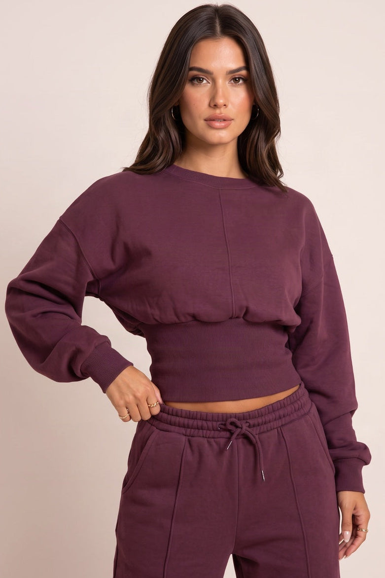 Plum Long Sleeve Cinched Waist Seam Detail Sweatshirt - Ashly