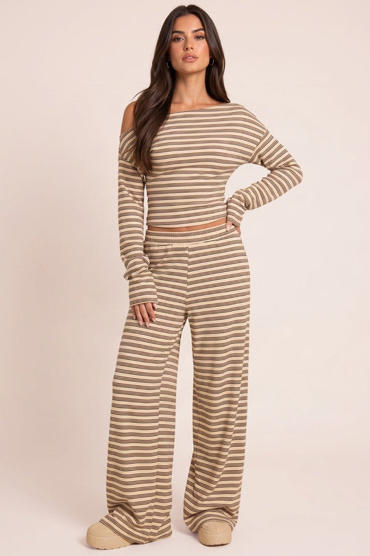 Cream Fleece Striped Mid Rise Wide Leg Trousers - Kaleigh