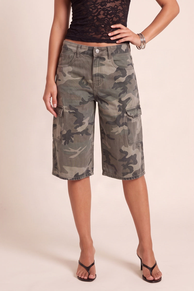 Khaki Camo Print Mid Waist Denim Longline Jorts - Nadina