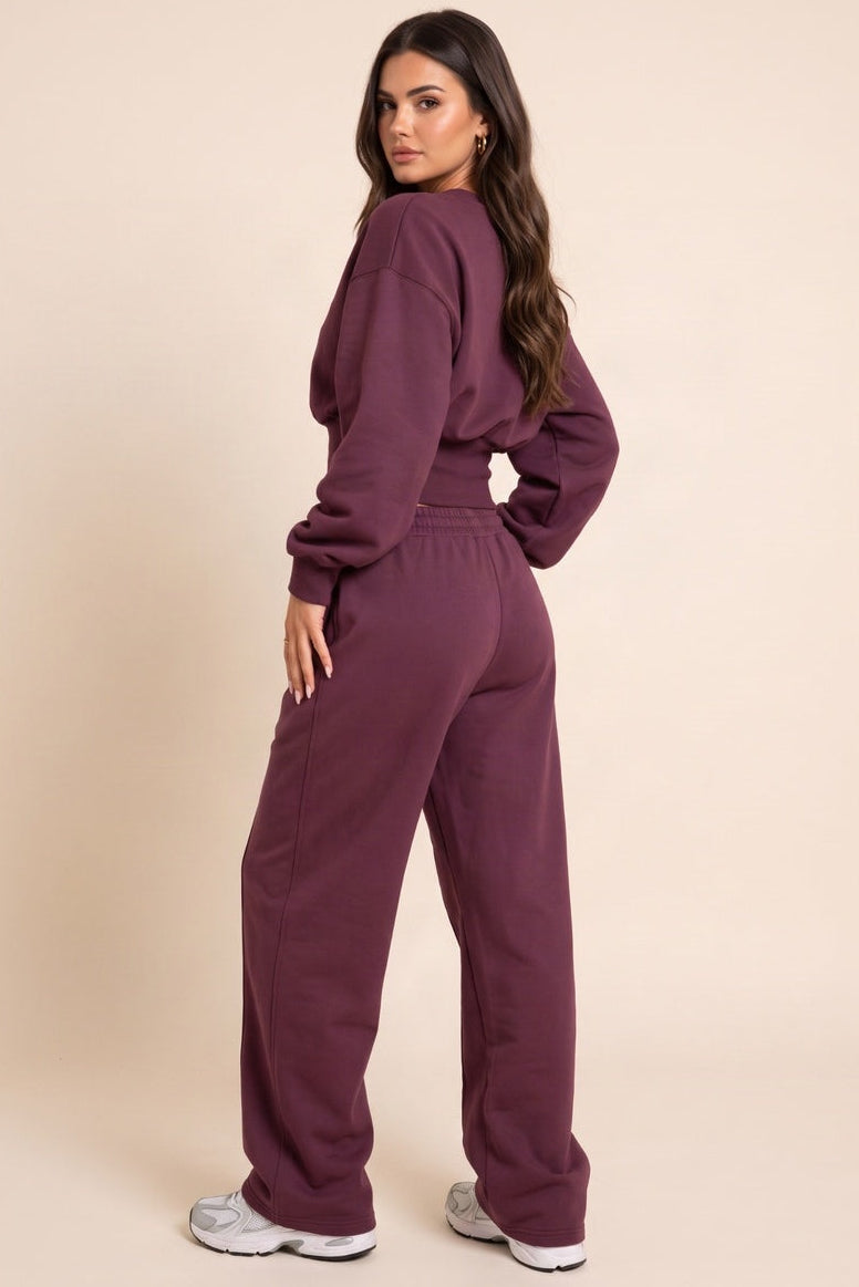 Plum Mid Rise Wide Leg Joggers - Dena