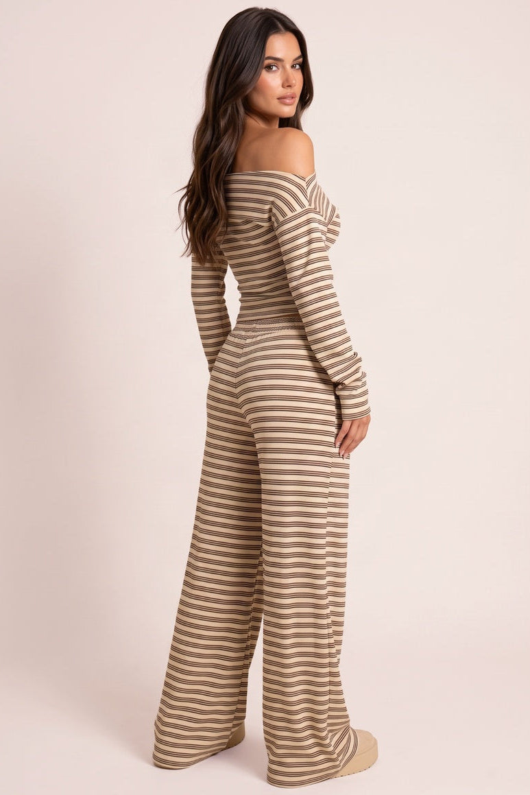 Cream Fleece Asymmetric Long Sleeve Stripe Top - Joan
