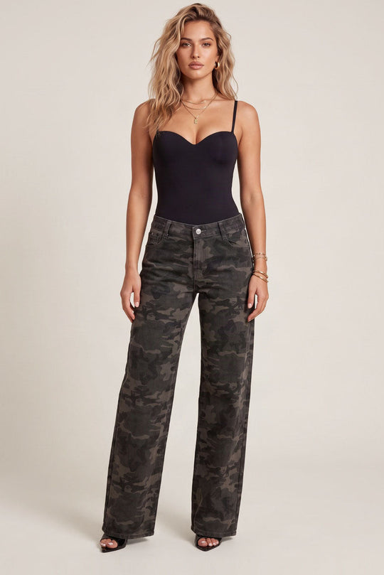 Dark Khaki Camo Print Mid Waist Straight Leg Jeans - Shantae